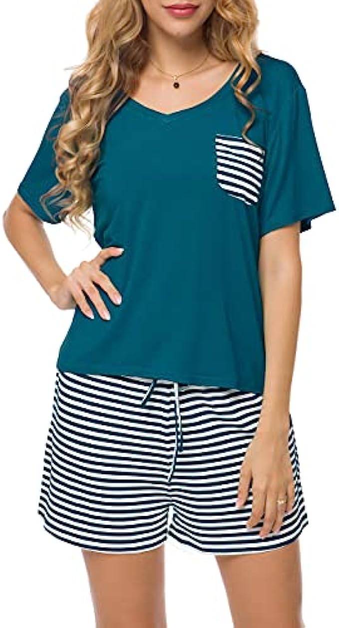 Invug Women Nightwear Short Sleeve Shirt and Shorts Pajama Set V Neck Sleepwear