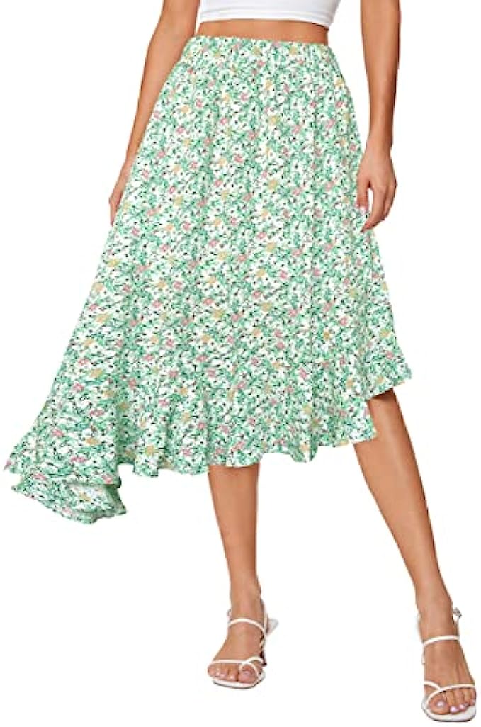 Afibi Women&#039;s Boho Floral High Waisted High Low Asymmetric Hem Midi Long Skirt