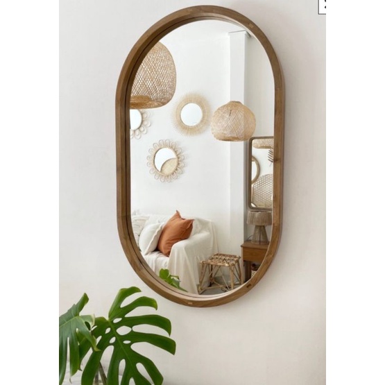 KAYU Aesthetic capsul Mirror Oval Wood Frame Glass Wall Sink Bathroom Aesthetic Mirror