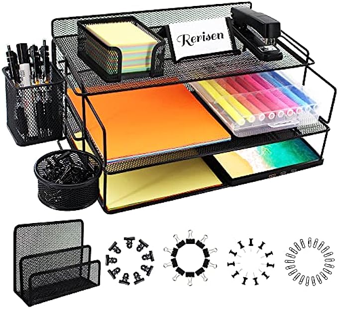 Rerisen Desk Organizers and Accessories, Mesh Metal Office Supplies Letter Tray Paper Organizers with Top Tray + 4 Holders + 1 File Sorter + 100 Desk Accessories for Desk, Office, Home and School.